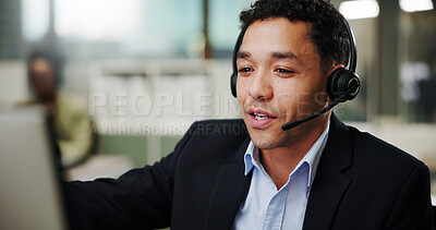 Buy stock photo Man, call center and computer in office with talking, communication or telecom agency. Contact us, customer service headset and CRM help desk with support, advice and male agent in coworking space