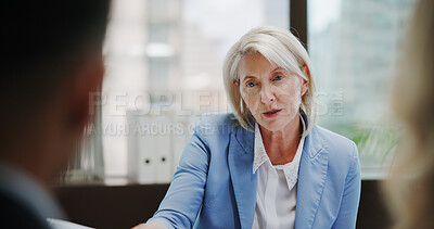 Buy stock photo Business, lawyer and woman in office, clients or meeting for feedback, conversation or review criminal. People, attorney or employee in workplace, discussion or planning with consultation or advocate