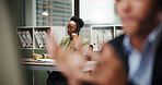 Woman, call center and coworking office for contact us, communication or telecom agency with customer service. Consultant, colleague and CRM for help desk, support or advice with agent in workplace