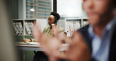 Buy stock photo Woman, call center and coworking office for contact us, communication or telecom agency with customer service. Consultant, colleague and CRM for help desk, support or advice with agent in workplace