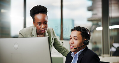 Buy stock photo People, computer and call center with training in office, help with team leader for communication and telecom. Assistance, explain or coaching with customer service, CRM or support by pc with advice