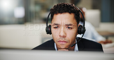 Buy stock photo Man, confused and call center by computer in office, communication or telecom doubt with thinking. Contact us, customer service and help desk questions, ponder or wonder with male agent frowning