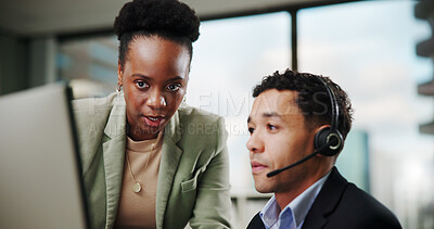 Buy stock photo Call center, team and training with mentor on computer for customer service, consulting or sales advice in office. People, contact us or telemarketing manager with discussion, help intern or coaching