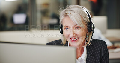 Buy stock photo Mature woman, computer and smile with call center consultant, communication or help desk support at. Happy, telecom and female person with online advice, customer service and outbound consulting