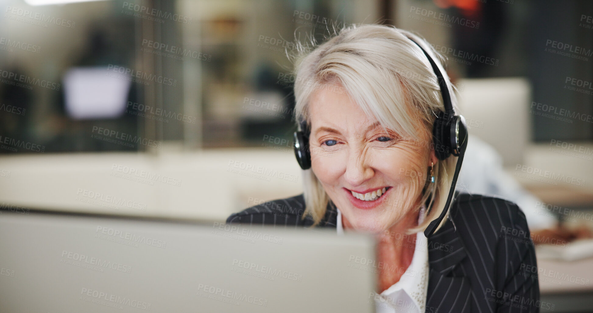 Buy stock photo Mature woman, computer and smile with call center consultant, communication or help desk support at. Happy, telecom and female person with online advice, customer service and outbound consulting