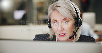 Buy stock photo Mature woman, face and headset for call center consultant, communication or CRM with help desk support at computer. Conversation, telecom and person with online advice, customer service and outbound