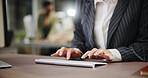 Hands, business and woman in office, keyboard and typing with website info, accounting and email feedback. Closeup, person and financial advisor in workplace, corporate report and review statistics
