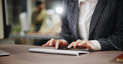 Buy stock photo Hands, business and woman in office, keyboard and typing with website info, accounting and email feedback. Closeup, person and financial advisor in workplace, corporate report and review statistics