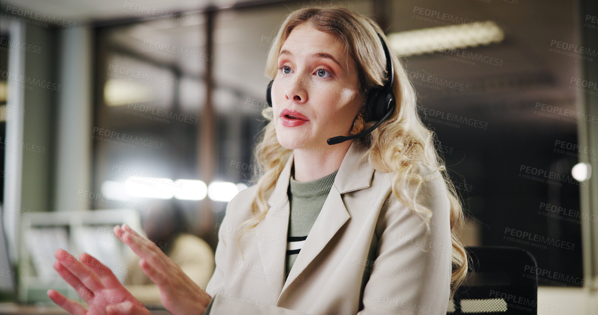 Buy stock photo Woman, talking and headset for call center consultant, communication or CRM with help desk support in office. Conversation, telecom and female person with online advice, customer service and outbound