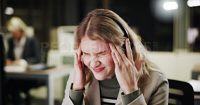 Buy stock photo Pain, stress or woman with headache in call center for sales deadline or customer service on break. Night, consultant and exhausted agent in telecom office with fatigue, migraine and burnout crisis