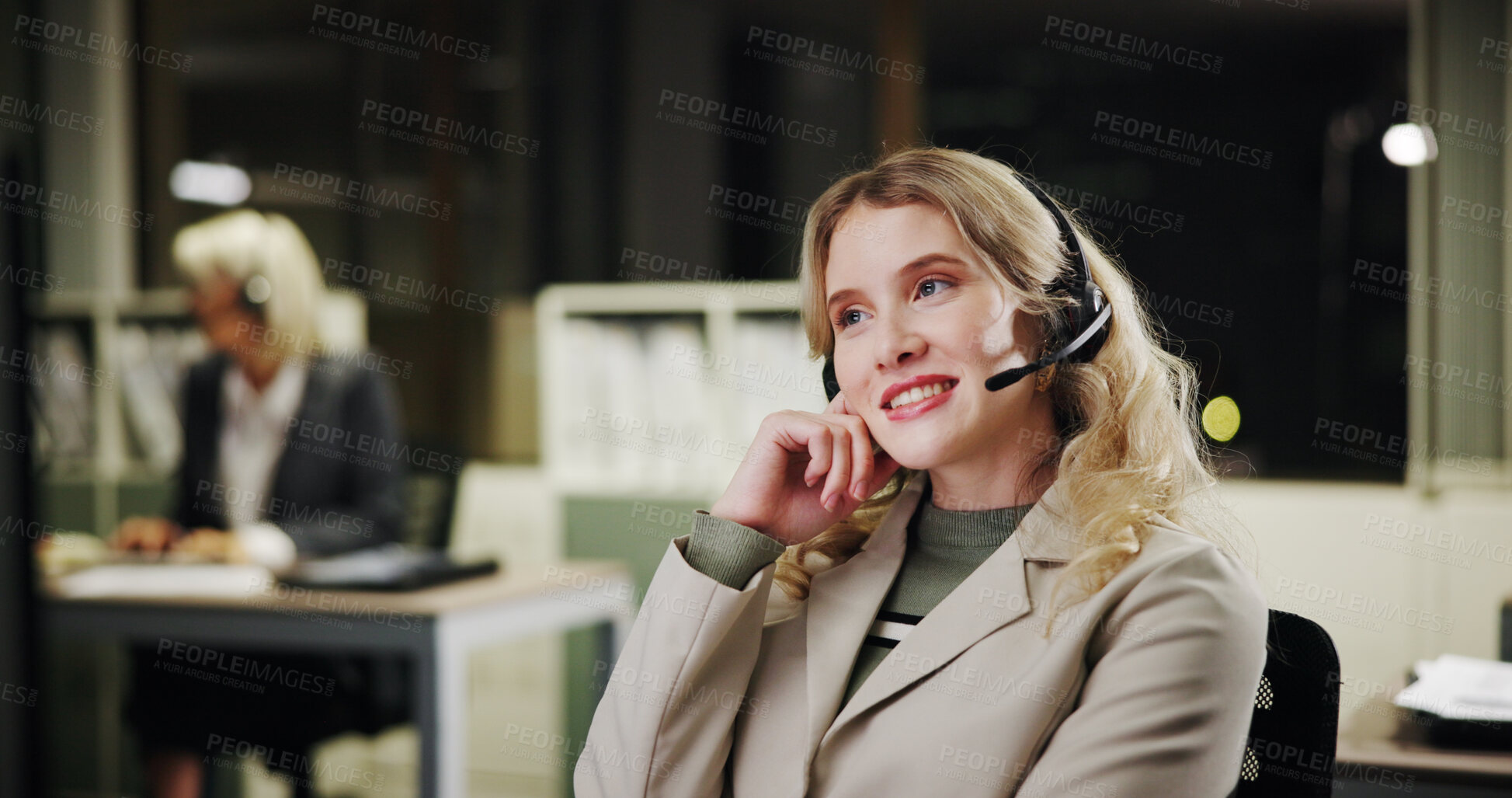 Buy stock photo Woman, call center and coworking office at night for communication, contact us or telecom agency. Customer service, working later and CRM for help desk, support or advice with agent in workplace