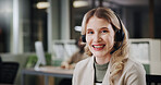 Woman, portrait and headset for call center consultant, communication or CRM with help desk support in office. Happy, telecom and female person with advice, customer service and outbound business