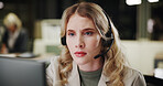 Consultant, woman or computer for customer service help, sales consulting or loan advice. Call center, financial advisor or finance questions in office with headset for feedback and banking limit