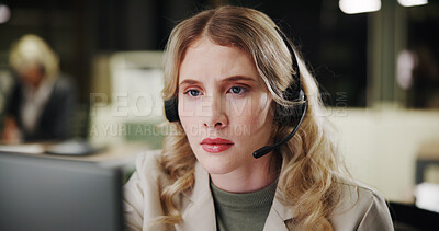 Buy stock photo Consultant, woman or computer for customer service help, sales consulting or loan advice. Night shift, financial advisor or finance questions in call center with headset for feedback or banking limit