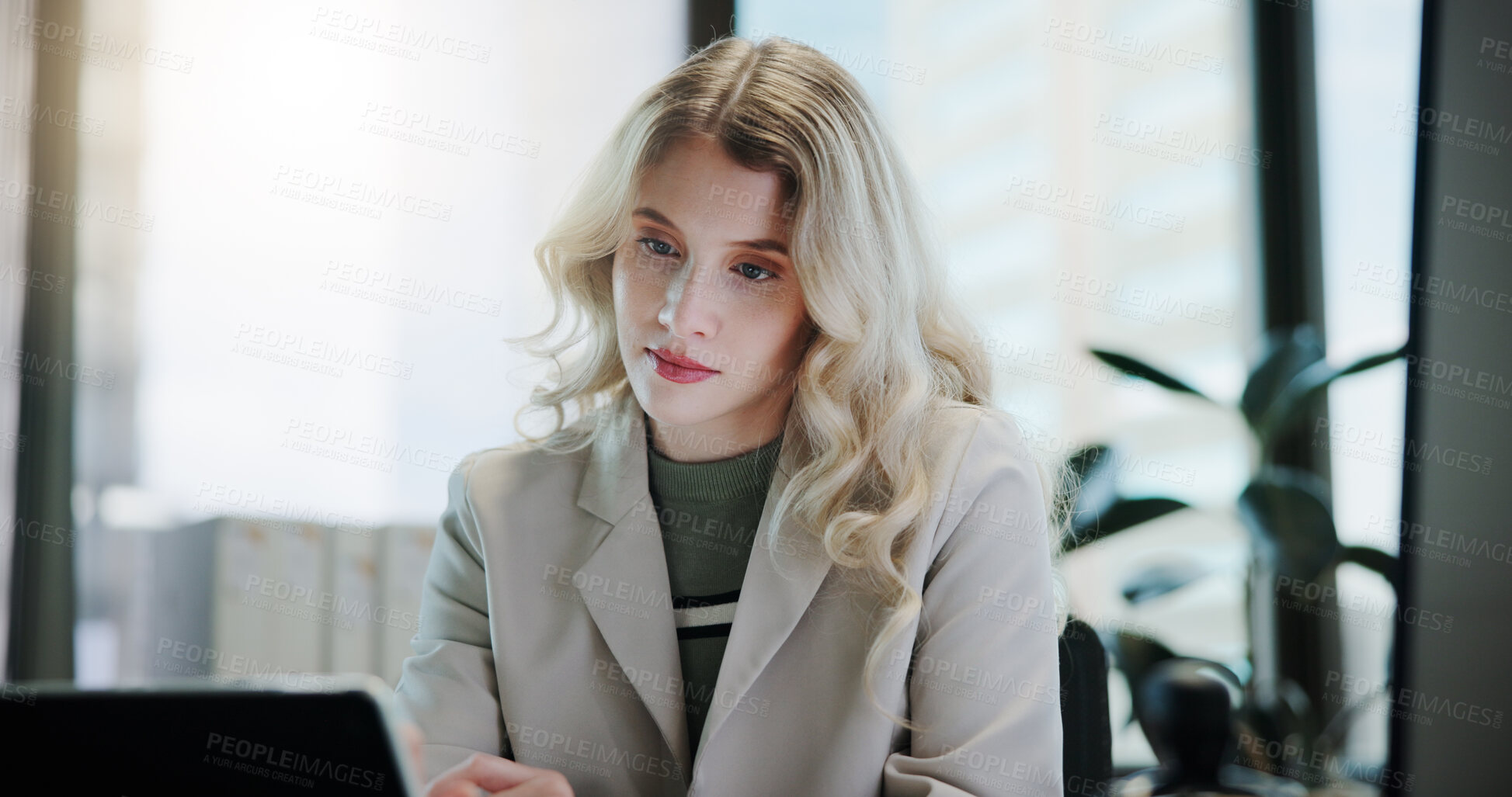Buy stock photo Tablet, research and reading with business woman in office for client invoice, account payroll and digital report. Feedback, finance statements and capital profit with person in agency for planning