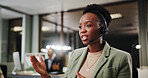 Woman, callcenter and phone call at night in office for contact us, communication or telecom agency. Coworking, colleague and CRM for help desk, support or advice with late shift agent in workplace