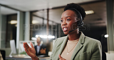 Buy stock photo Woman, callcenter and phone call at night in office for contact us, communication or telecom agency. Coworking, colleague and CRM for help desk, support or advice with late shift agent in workplace
