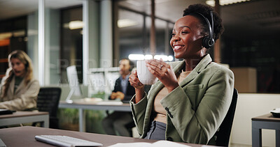 Buy stock photo Call center, coffee break and happy woman in office for customer service, vision or thinking at night. Contact us, telemarketing and sales agent with drink for coworking and reflection on overtime