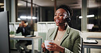 Coffee, woman or laughing for customer service help, sales consulting or loan advice in night. Call center, financial advisor or finance questions on computer with tea for feedback or banking limit
