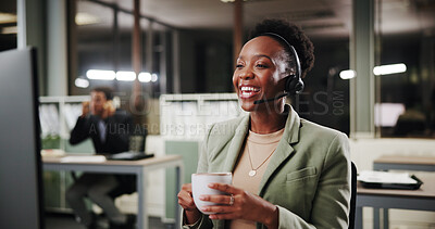 Buy stock photo Coffee, woman or laughing for customer service help, sales consulting or loan advice in night. Call center, coworking or happy financial advisor on computer with tea for feedback or banking limit