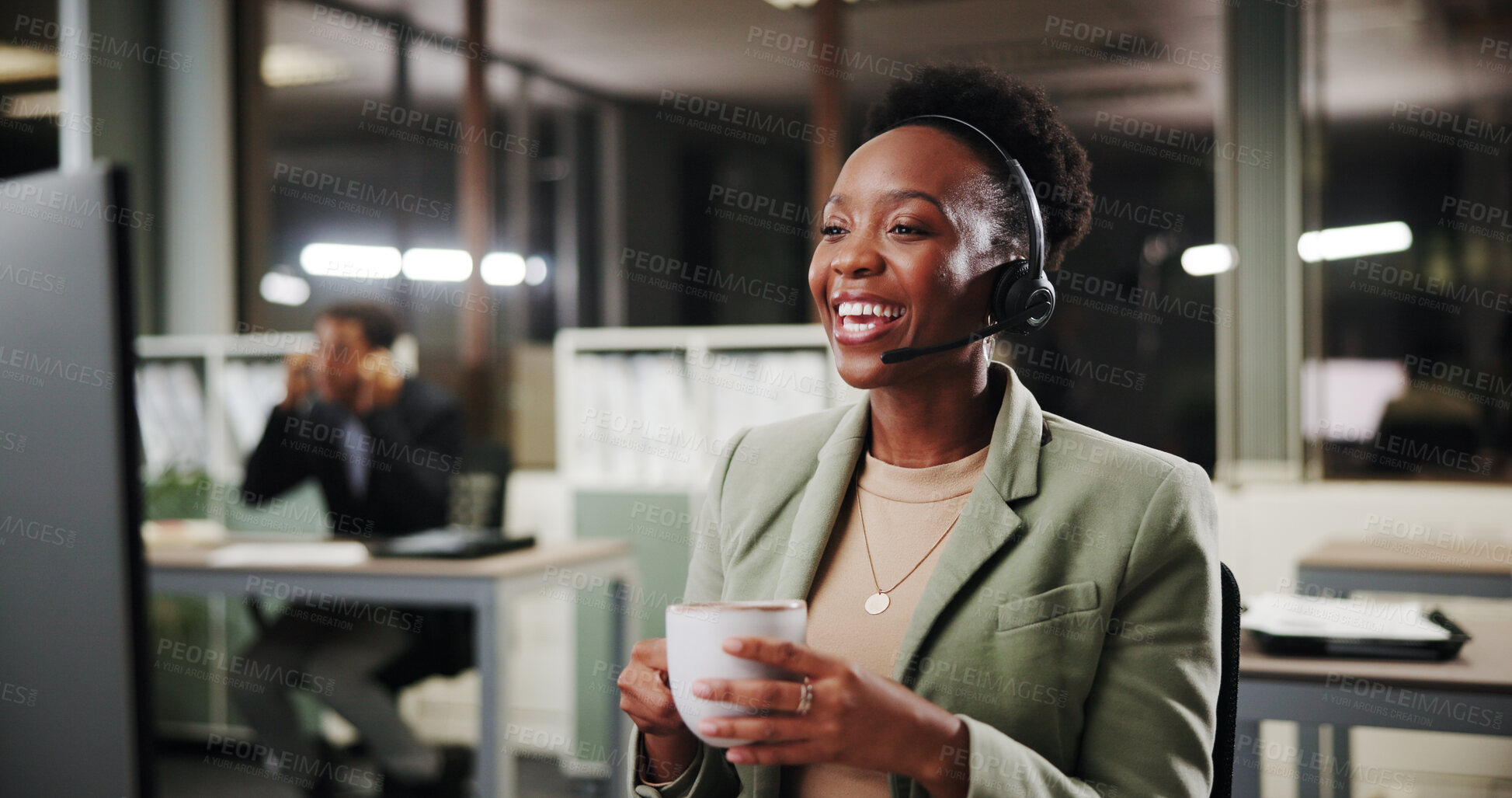 Buy stock photo Coffee, woman or laughing for customer service help, sales consulting or loan advice in night. Call center, coworking or happy financial advisor on computer with tea for feedback or banking limit