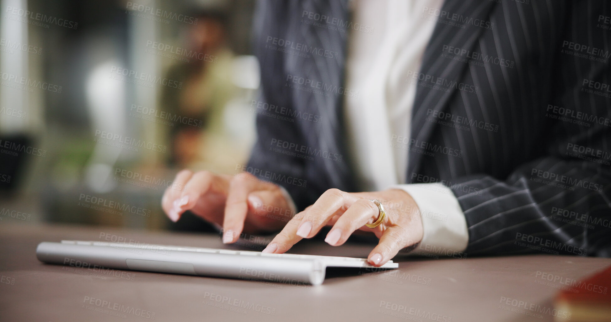 Buy stock photo Hands, business and woman in workplace, keyboard and typing with website info, invest and email feedback. Closeup, person and financial advisor with corporate report, accounting and review statistics