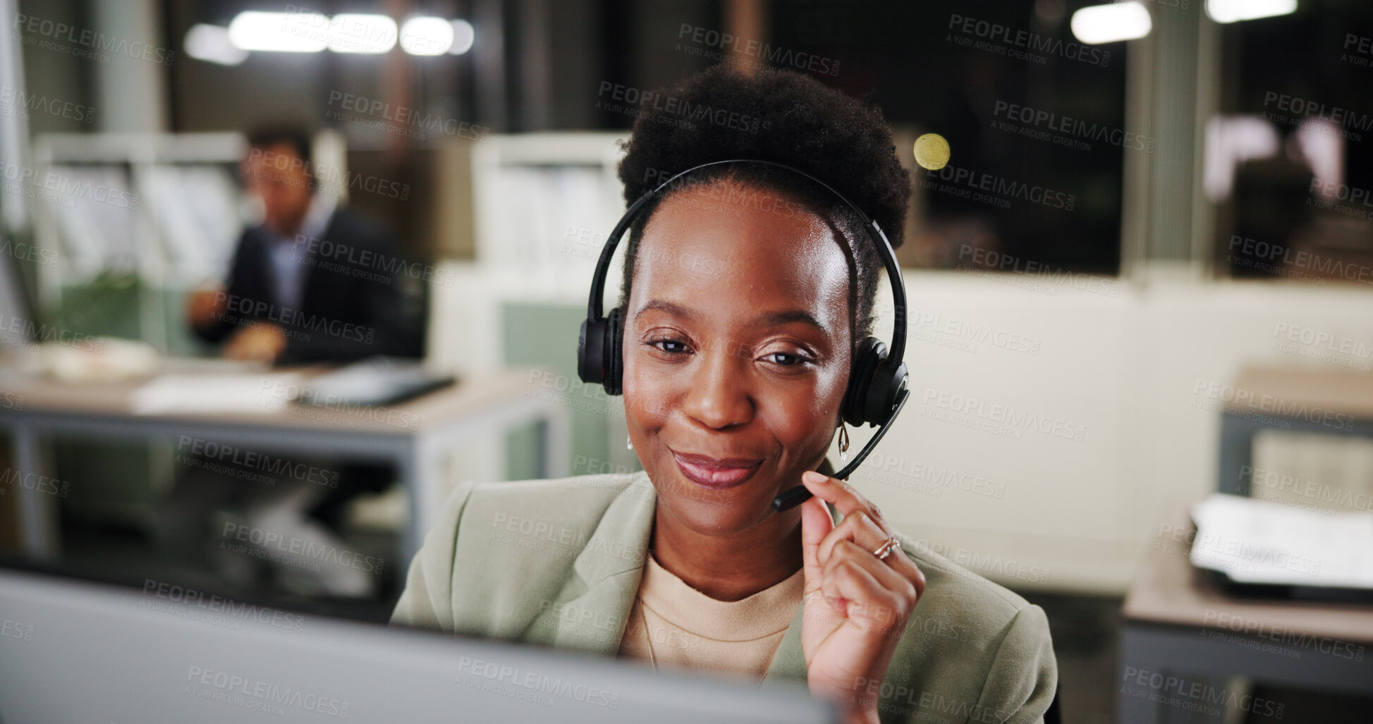 Buy stock photo Call center, woman and listen on computer for telemarketing, sales and CRM at night. Happy agent, contact us and customer service with headset for lead generation, inbound marketing and overtime