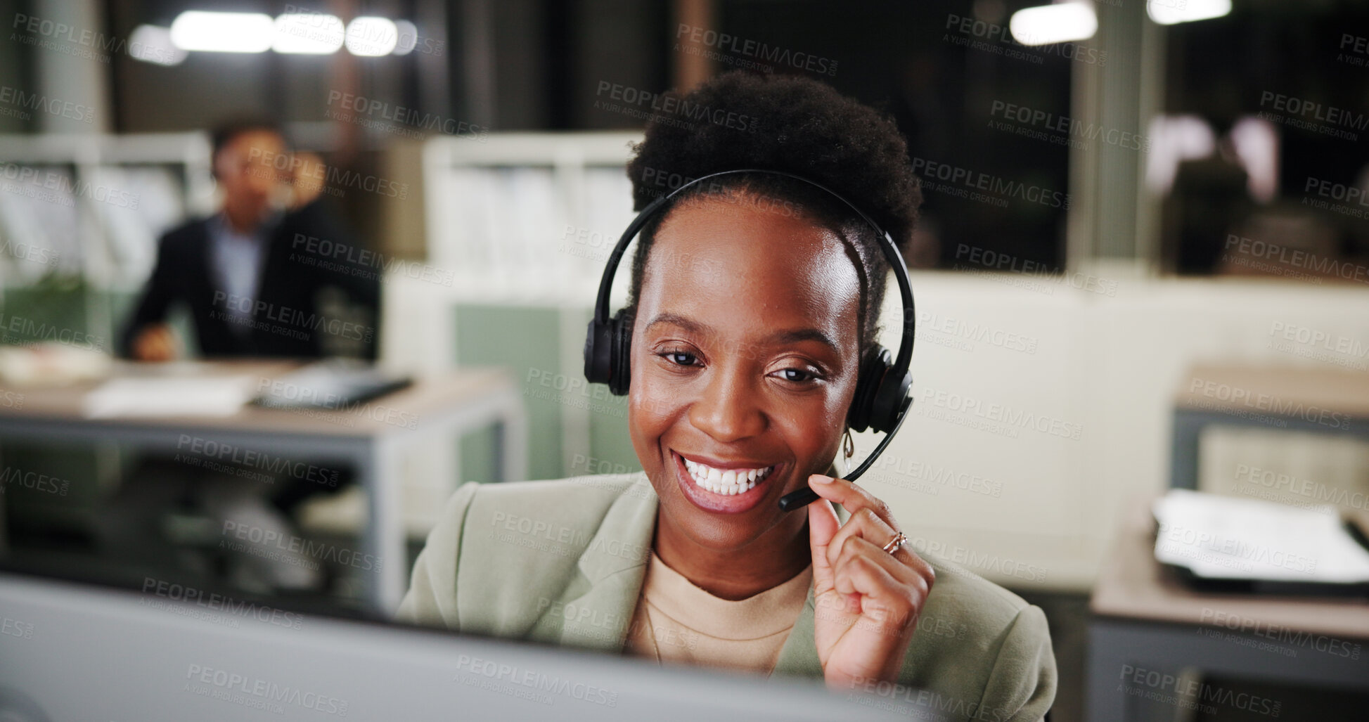 Buy stock photo Call center, headset and happy woman on computer for telemarketing, crm or coworking at night. Agent, contact us and listening for customer service with lead generation, outbound telecom or overtime