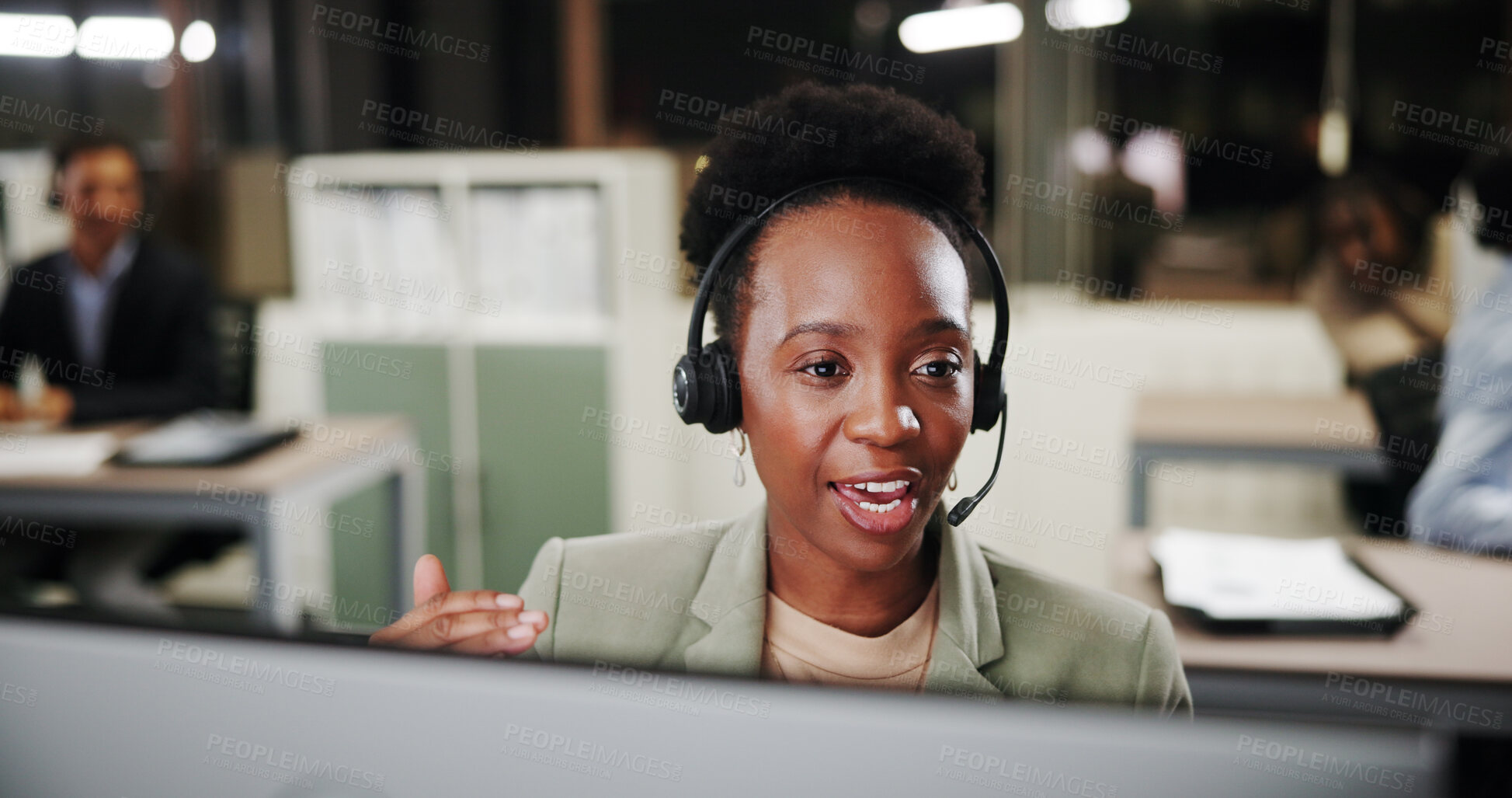 Buy stock photo Call center, talking and woman on computer for telemarketing, sales and crm at night. Agent, contact us and conversation with headset for lead generation, outbound marketing and overtime in office