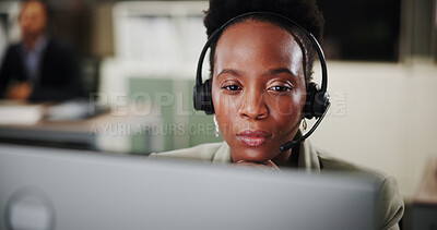 Buy stock photo Woman, face and thinking at computer for call center, communication or CRM with help desk for support insight. Information, idea or telecom with online reading, customer service and outbound solution