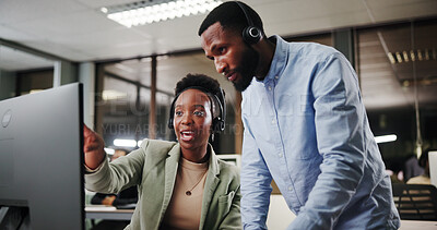 Buy stock photo Call center, help and coaching people on computer for customer service, sales and crm at night. Talk, contact us and telemarketing manager on desktop for discussion, training and teaching intern