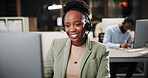 Call center, night and happy woman on computer for telemarketing, sales and help desk. African agent, contact us and tech for customer service with lead generation, outbound marketing and overtime