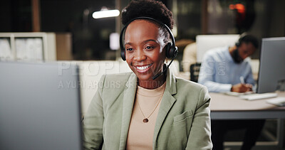 Buy stock photo Call center, night and happy woman on computer for telemarketing, sales and help desk. African agent, contact us and tech for customer service with lead generation, outbound marketing and overtime