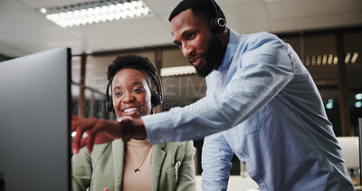 Buy stock photo Call center, help and coaching team on computer for customer service, sales or explain crm at night. Talk, contact us and telemarketing with African people for discussion or mentor training intern