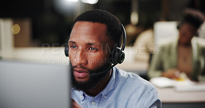 Buy stock photo Contact center, man or computer for customer service help, sales consulting or loan advice in night. Call, financial advisor or research for finance questions with smile for feedback or banking limit