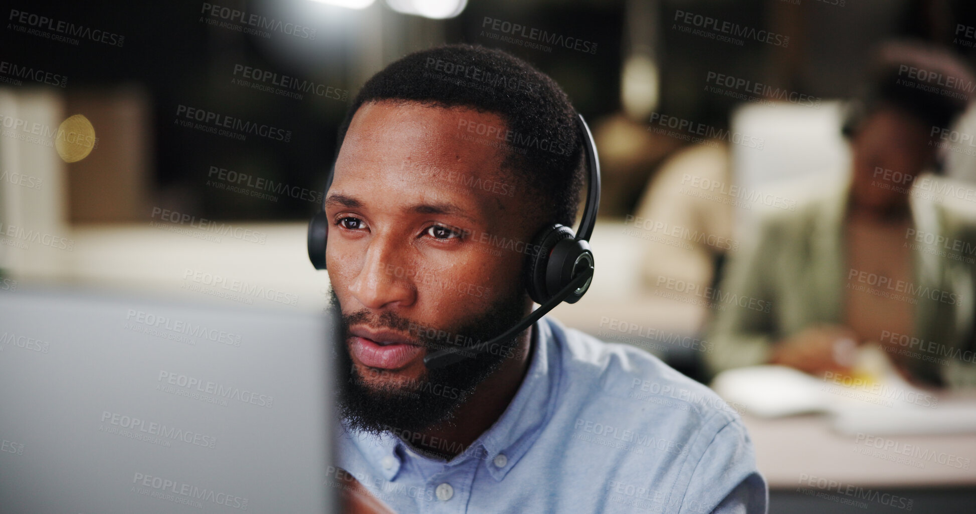 Buy stock photo Contact center, man or computer for customer service help, sales consulting or loan advice in night. Call, financial advisor or research for finance questions with smile for feedback or banking limit