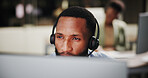 Contact center, man or computer for customer care call, sales consulting or loan advice in night. Help, financial advisor or business for finance questions with headset for feedback or banking limit