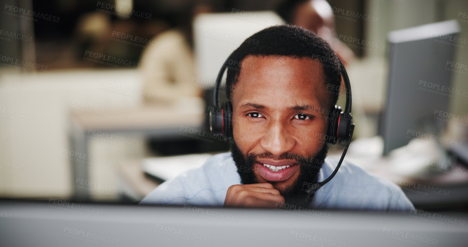 Buy stock photo Black man, face and thinking at computer for call center, communication or CRM help desk for support insight. Information, idea or telecom with online reading, customer service and outbound solution