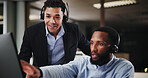 Call center, agent and training with manager on computer for customer service, consulting or sales advice in office. People, team or telemarketing help with discussion, coaching intern or contact us