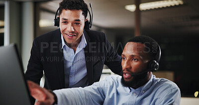 Buy stock photo Call center, agent or training with manager on computer for customer service, consulting or sales advice. People, team or telemarketing help in night shift with discussion, coaching intern or support