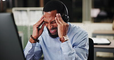 Buy stock photo Black man, call center and computer with stress at night, headache or pain with communication or telecom mistake. Frustrated, upset and male agent with help desk pressure, working late and migraine