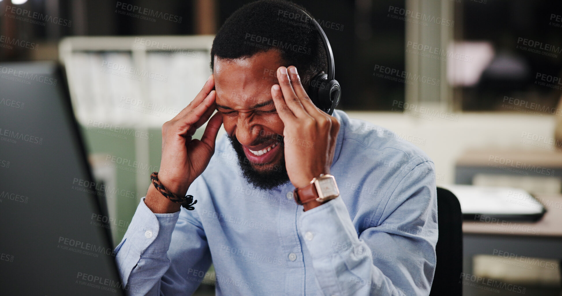 Buy stock photo Black man, call center and computer with stress at night, headache or pain with communication or telecom mistake. Frustrated, upset and male agent with help desk pressure, working late and migraine