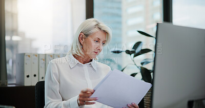 Buy stock photo Documents, research and reading with business woman in office for client invoice, account payroll and portfolio report. Feedback, finance statements and capital profit with mature person for planning