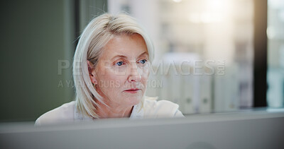 Buy stock photo Computer, research and reading with business woman in office for client invoice, account payroll and digital report. Feedback, finance statement and capital profit with mature person for planning