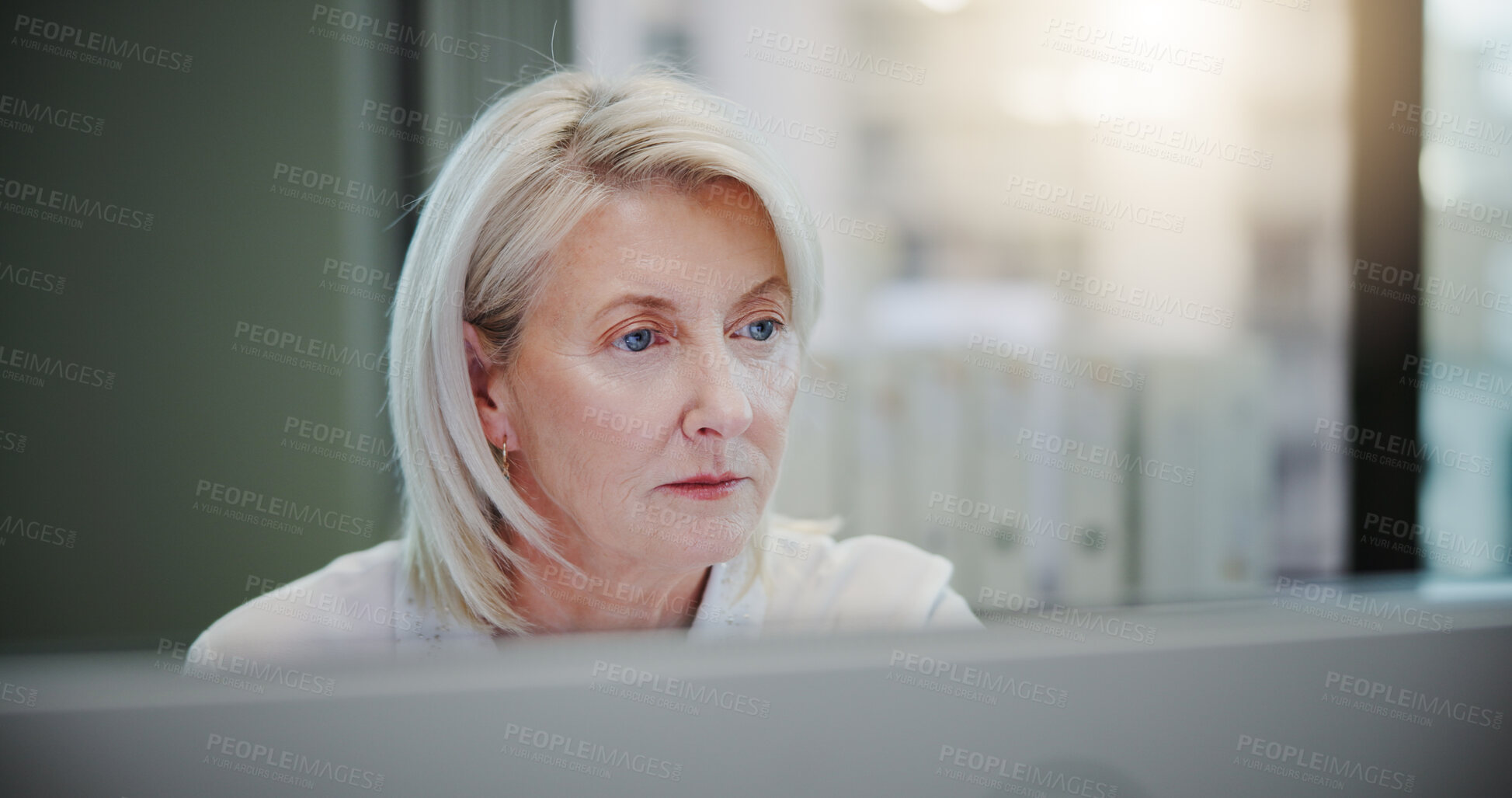 Buy stock photo Computer, research and reading with business woman in office for client invoice, account payroll and digital report. Feedback, finance statement and capital profit with mature person for planning