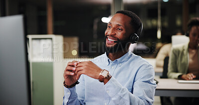 Buy stock photo Computer, man or laughing for customer service help, sales consulting or loan advice in night. Call center, financial advisor or finance questions in overtime with smile for feedback or banking limit