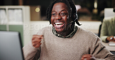 Buy stock photo Success, computer or excited agent in call center for bonus prize, online solution or good news. Target achievement, wow or happy consultant in night shift with smile, telemarketing win or sales goal
