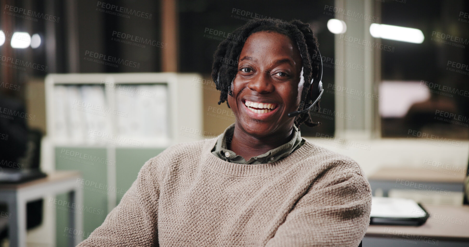 Buy stock photo Black man, call center and portrait in office at night for contact us, communication or telecom agency. Happy, customer service and CRM help desk with support, advice and late shift agent with smile