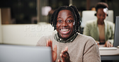 Buy stock photo Clapping, computer or excited agent in call center for bonus prize, online solution or good news. Achievement success, coworking or happy man in night shift with smile, telemarketing or sales goal