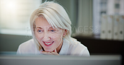Buy stock photo Thinking, computer and mature business woman with insight, planning and reflection with opportunity. Smile, thoughts and manager reading online with idea, inspiration and problem solving in office
